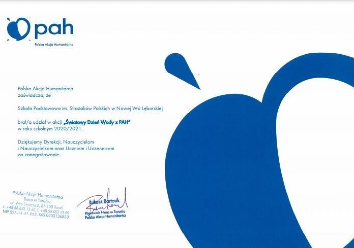 Zaświadczenie o udziale szkoły w Światowym Dniu Wody