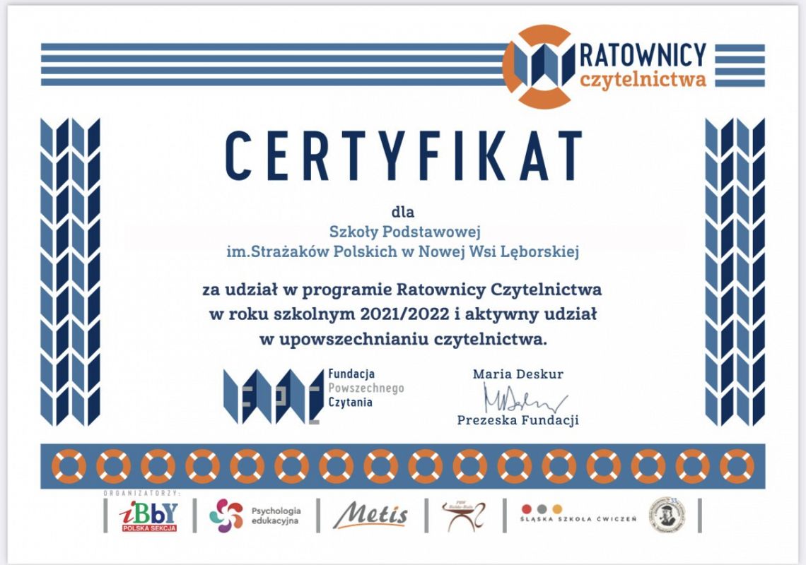 certyfikat ratowników czytelnictwa przyznany