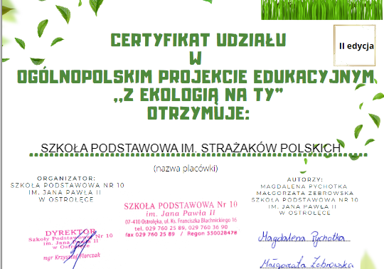 certyfikat z udział w projekcie ekologicznym