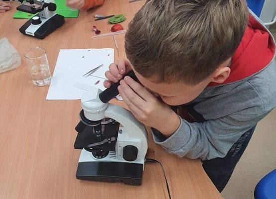 Patryk ogląda preparat pod mikroskopem