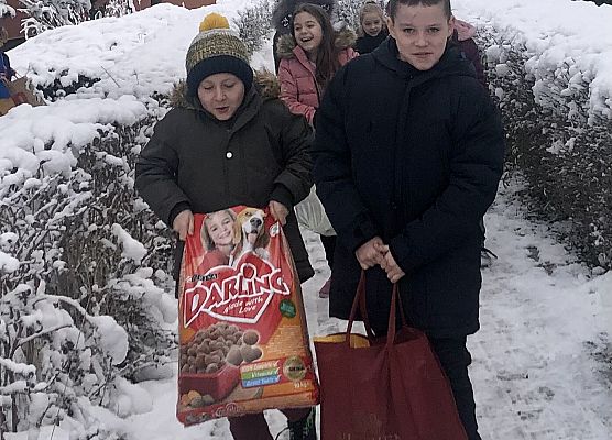 dzieci niosą karmę