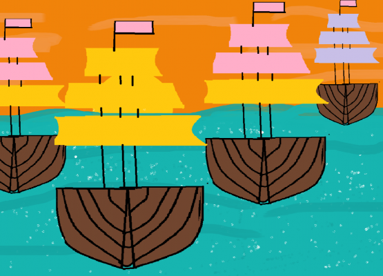 Statki na morzu - zachód słońca