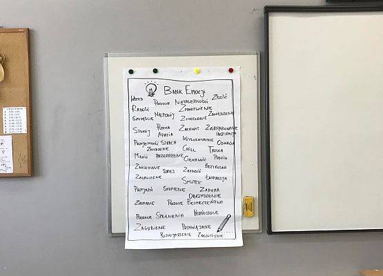 Klasa szkolna. Na tablicy wisi duży arkusz białego papieru na którym jest Bank Emocji.