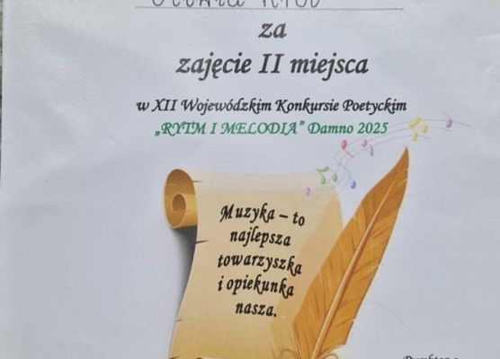 Dyplom II miejsce w Wojewódzkim Konkursie Rytm i melodia