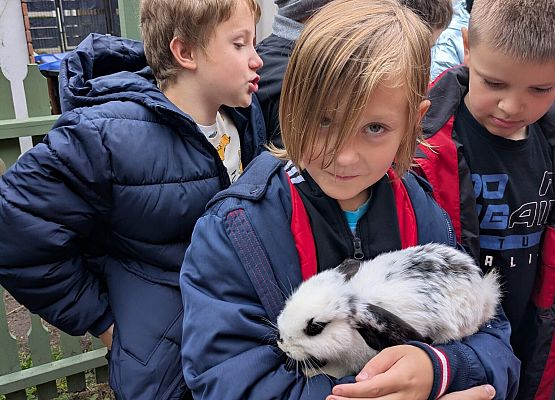 Dominik z królikiem na rękach
